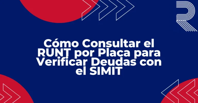 Texto "Cómo Consultar el RUNT por Placa para Verificar Deudas con el SIMIT" sobre fondo plano, guía oficial Colombia